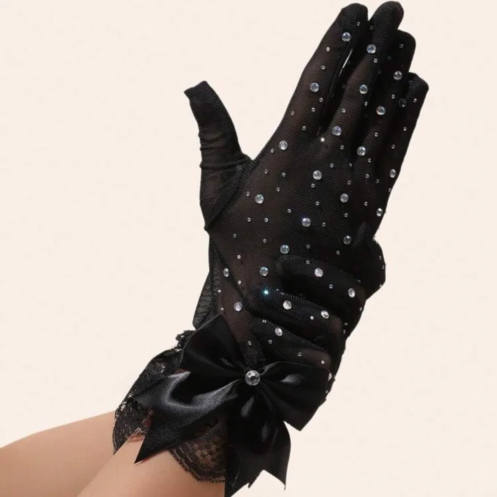 1 Pair Rhinestones Decorated Lace Bowknot Short Gloves, Elegant Ladies